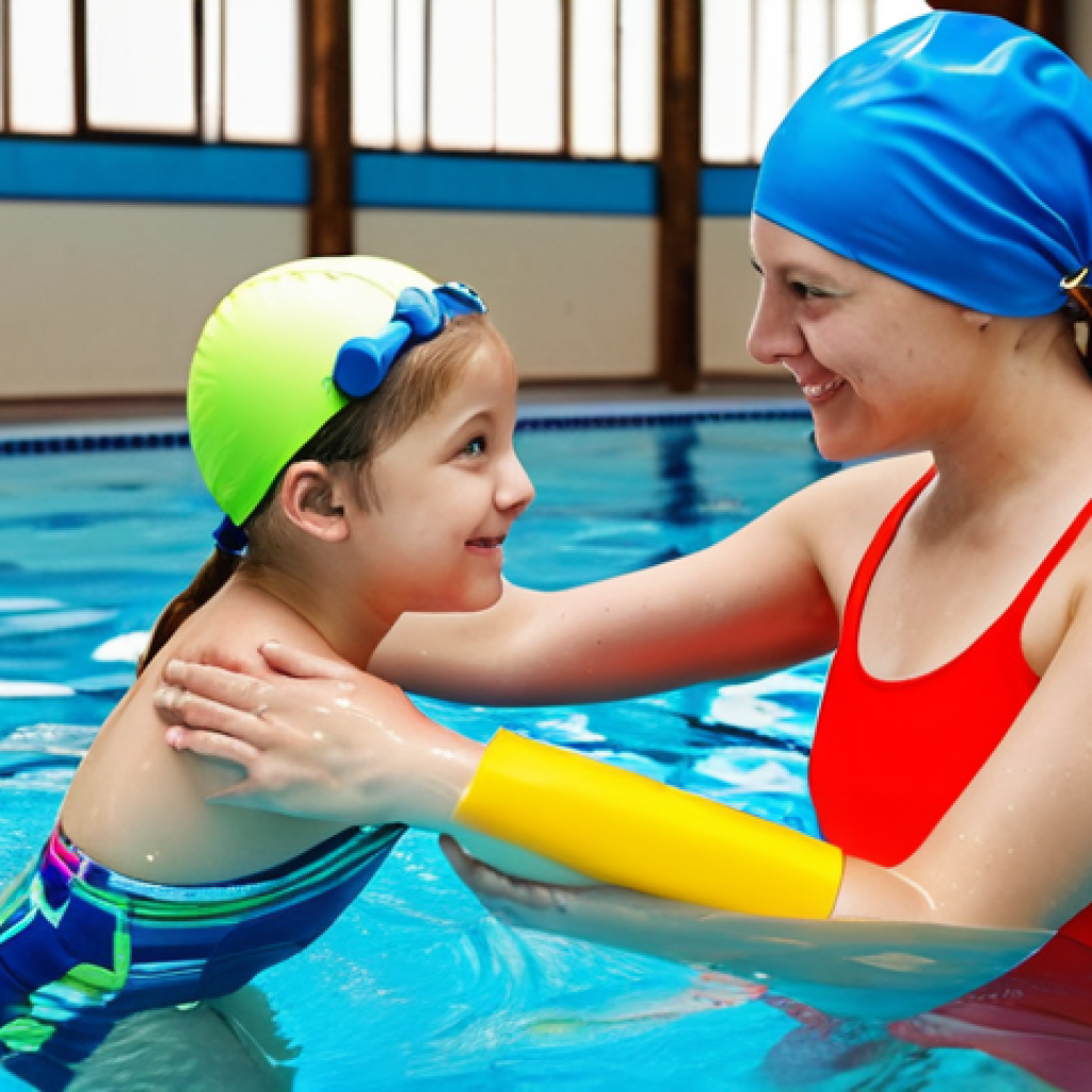 **

"A young girl, fully clothed in a modest, bright-colored swimsuit and swim cap, learning to swim with a qualified instructor in an indoor swimming pool, appropriate attire, safe for work, perfect anatomy, natural proportions, family-friendly, professional photography, high quality, well-formed hands, proper finger count, natural body proportions, safe for work, appropriate content, fully clothed, professional."

**