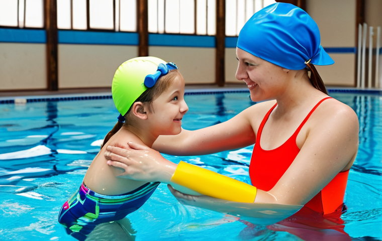 **
"A young girl, fully clothed in a modest, bright-colored swimsuit and swim cap, learning to swim with a qualified instructor in an indoor swimming pool, appropriate attire, safe for work, perfect anatomy, natural proportions, family-friendly, professional photography, high quality, well-formed hands, proper finger count, natural body proportions, safe for work, appropriate content, fully clothed, professional."
**