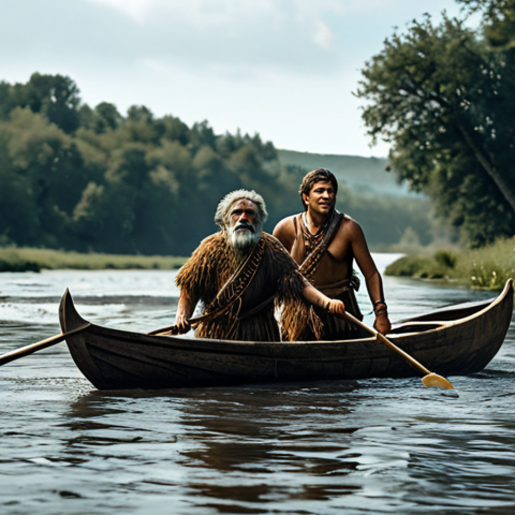 "Aube Aquatique" (Aquatic Dawn)**

A group of prehistoric people, fully clothed in animal skins, are instinctively swimming across a river, safe for work, appropriate content, family-friendly, realistic style, earthy tones, perfect anatomy, natural proportions, archaeological illustration.

**