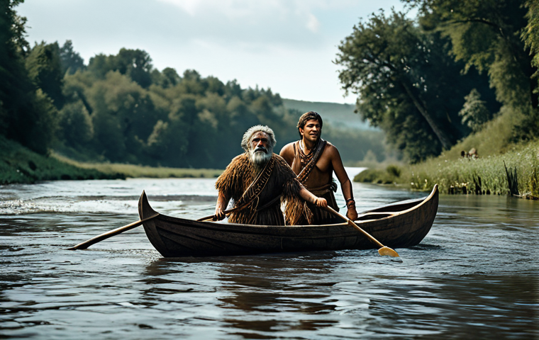 "Aube Aquatique" (Aquatic Dawn)**
A group of prehistoric people, fully clothed in animal skins, are instinctively swimming across a river, safe for work, appropriate content, family-friendly, realistic style, earthy tones, perfect anatomy, natural proportions, archaeological illustration.
**