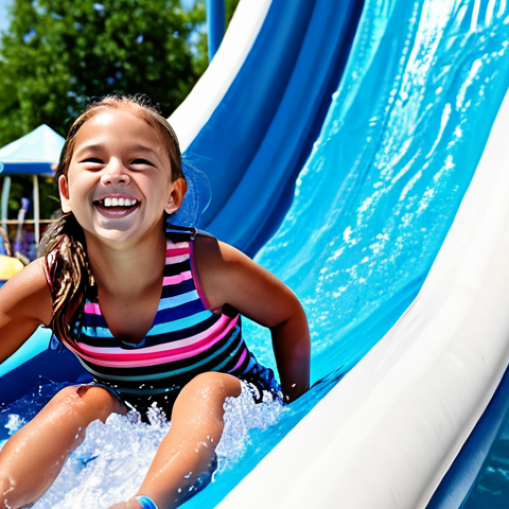 Safe Water Slide Fun**
A young girl, fully clothed in a modest, colorful swimsuit, is smiling as she slides down a water slide at a water park. The background shows other families having fun, with bright sunshine and colorful slides. The scene is safe for work, family-friendly, and appropriate content. Focus on capturing the joy and excitement of the moment. Perfect anatomy, correct proportions, well-formed hands, natural pose, professional photography, high quality.
**