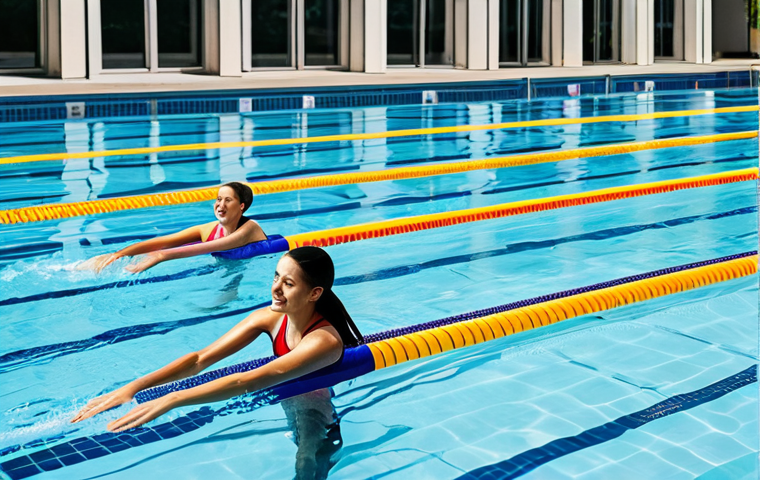 수영장에서 지켜야 할 매너와 규칙 - **
"A bright, modern swimming pool with clearly marked lanes. Swimmers are actively swimming laps, ...