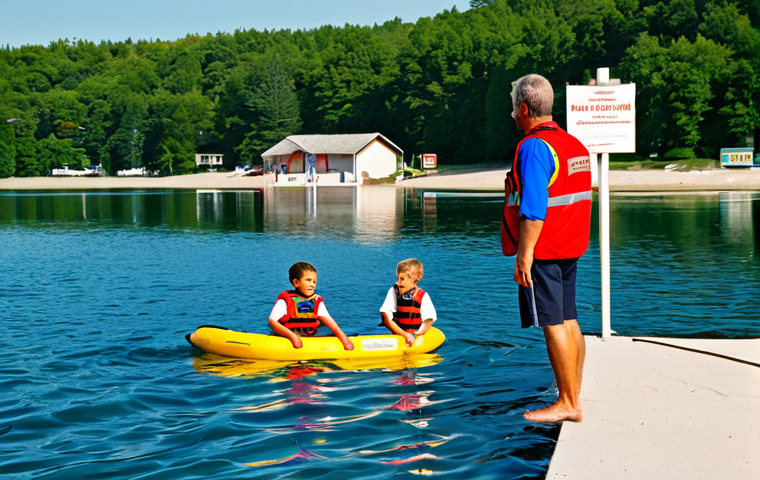 수영 중 발생할 수 있는 부상 대처법 - Lake Safety**
"A family-friendly scene at a serene lake. A father is carefully watching his childre...