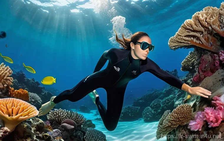 방수 스마트워치 비교와 추천 - **Prompt:** A young woman, appearing to be in her late 20s, gracefully descending into crystal-clear...