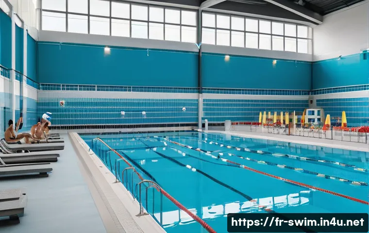 수영할 때 필요한 건강 보험 정보 - A detailed scene of a modern indoor swimming pool in France, featuring diverse swimmers wearing appr...