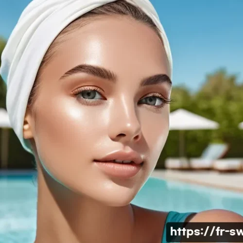 Home 33 수영장 적합한 방수 화장품 - A stylish young woman at an outdoor swimming pool, wearing a light waterproof foundation and natural...