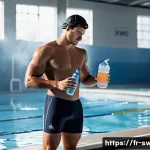 Home 20 수영할 때 필요한 음료 추천 - A detailed scene of a male swimmer taking a hydration break at the edge of an indoor heated swimming...