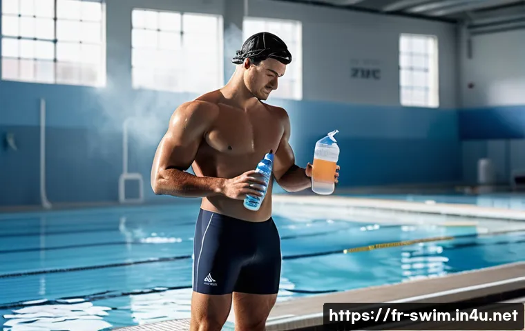 수영할 때 필요한 음료 추천 - A detailed scene of a male swimmer taking a hydration break at the edge of an indoor heated swimming...