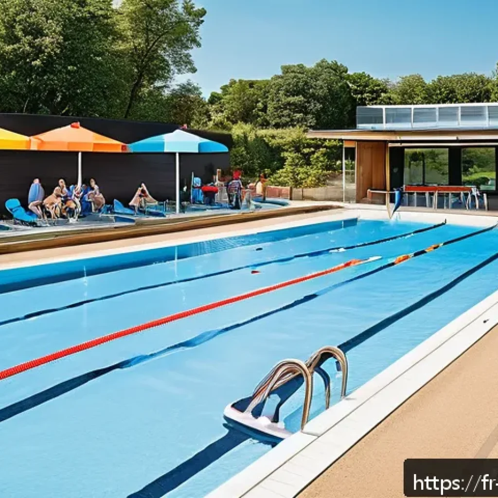 수영장 이용 요금 비교 - A modern public swimming pool in &Icirc;le-de-France region during a sunny afternoon, featuring a large Ol...