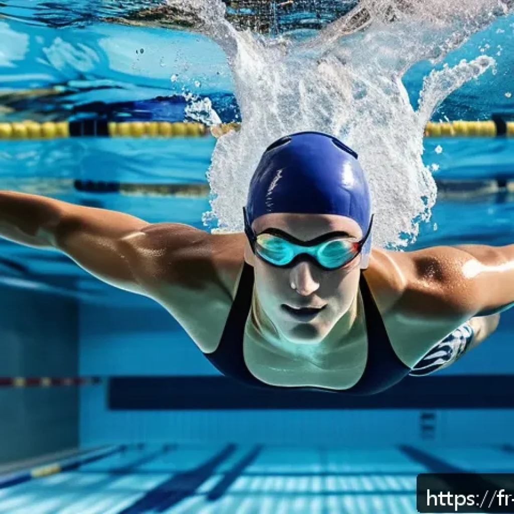 자유형 자세 교정 방법 - A professional swimmer practicing front crawl in an indoor swimming pool, head positioned slightly t...